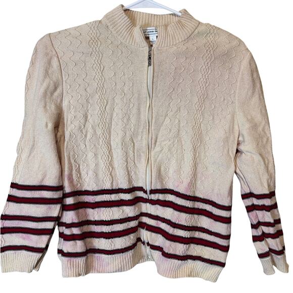 ST. JOHN SPORT Ivory Wool Blend Full Zip Jacket Cardigan womens sz L ** FLAWED - Picture 1 of 8